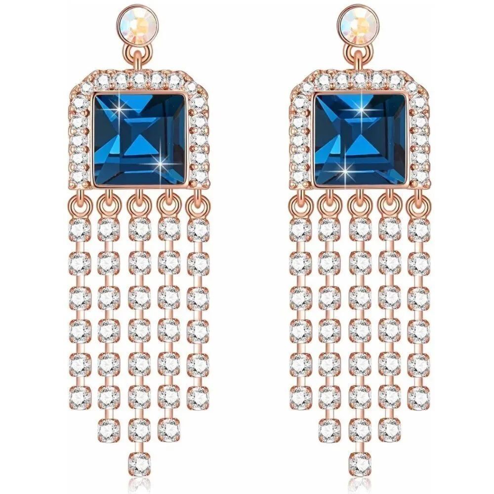 14K Yellow Gold with Bermuda Blue Austrian Crystal Dangling Tassel Post Earrings